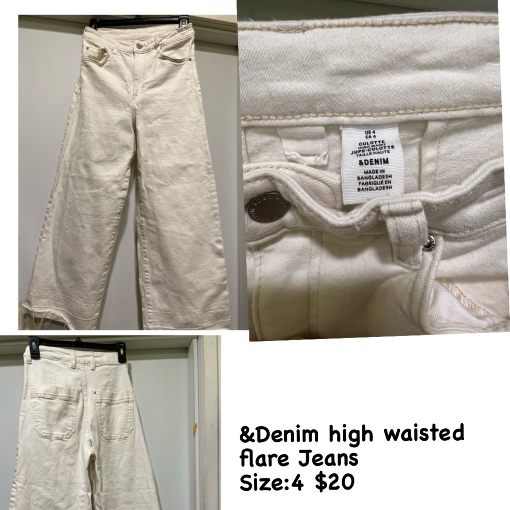 &Denim off white high rise flare straight leg jeans